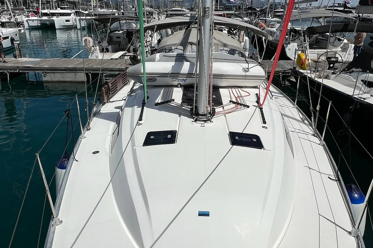 Deck of Enja, a Bavaria Cruiser 41 sailboat at Grad Kaštela, Croatia