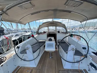 Cockpit of Enja, a Bavaria Cruiser 41 sailboat at Grad Kaštela, Croatia