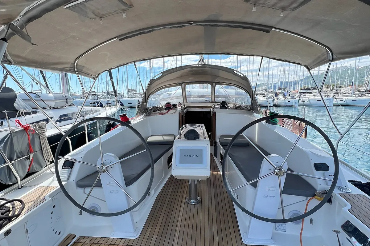 Cockpit of Enja, a Bavaria Cruiser 41 sailboat at Grad Kaštela, Croatia