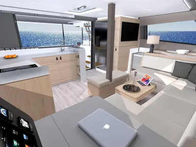 Salon of Le Villi, a Aventura 45 catamaran at Sant Antoni de Portmany, Spain