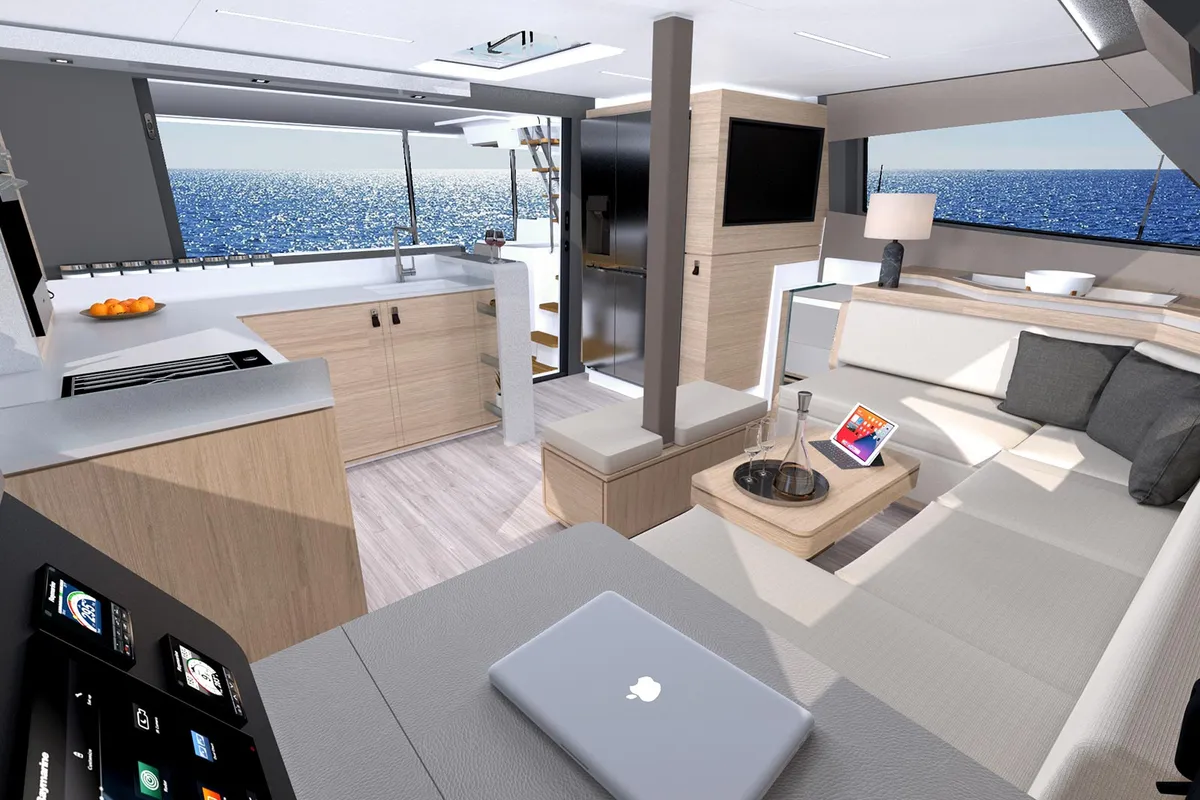 Salon of Le Villi, a Aventura 45 catamaran at Sant Antoni de Portmany, Spain