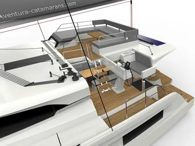 Deck of Le Villi, a Aventura 45 catamaran at Sant Antoni de Portmany, Spain