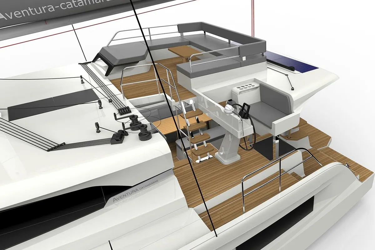 Deck of Le Villi, a Aventura 45 catamaran at Sant Antoni de Portmany, Spain