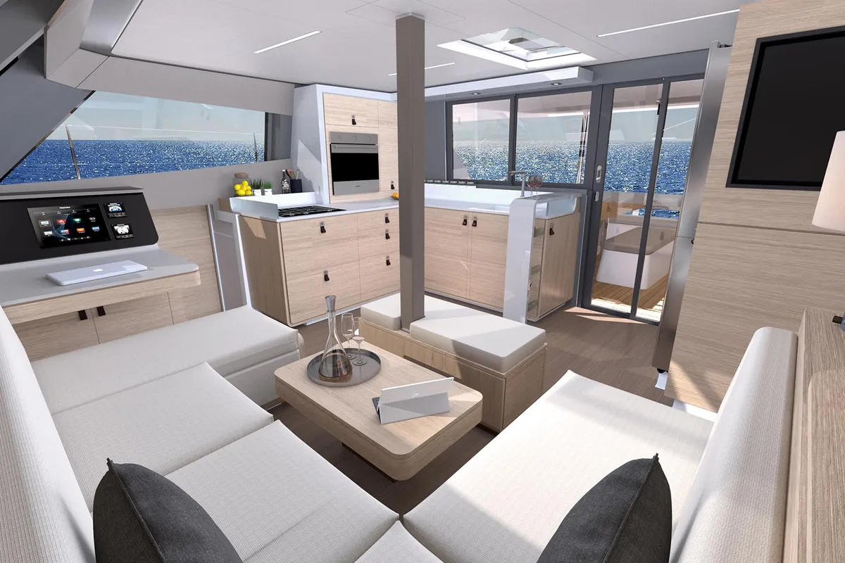 Salon of Le Villi, a Aventura 45 catamaran at Sant Antoni de Portmany, Spain