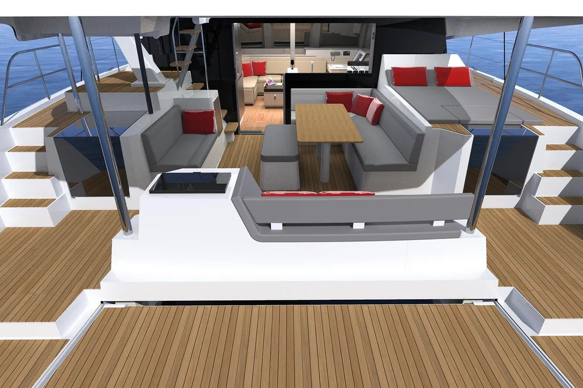 Deck of Le Villi, a Aventura 45 catamaran at Sant Antoni de Portmany, Spain