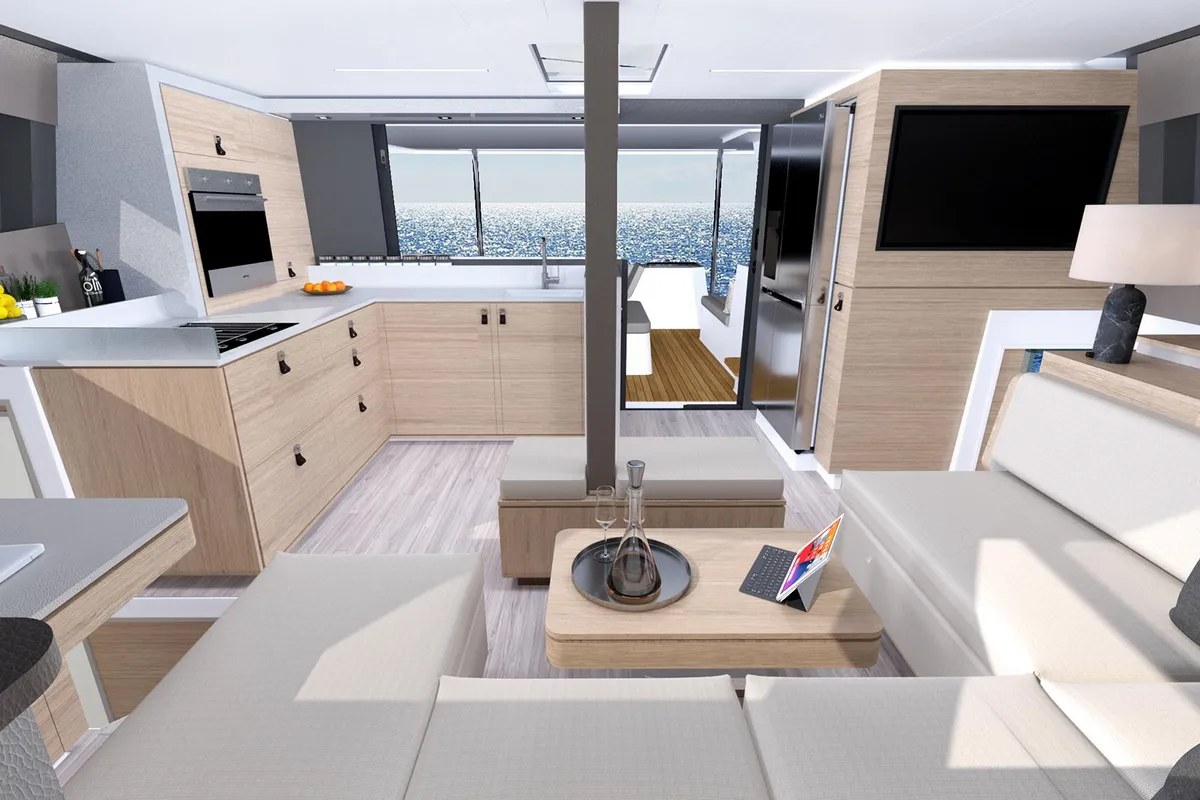 Salon of Le Villi, a Aventura 45 catamaran at Sant Antoni de Portmany, Spain