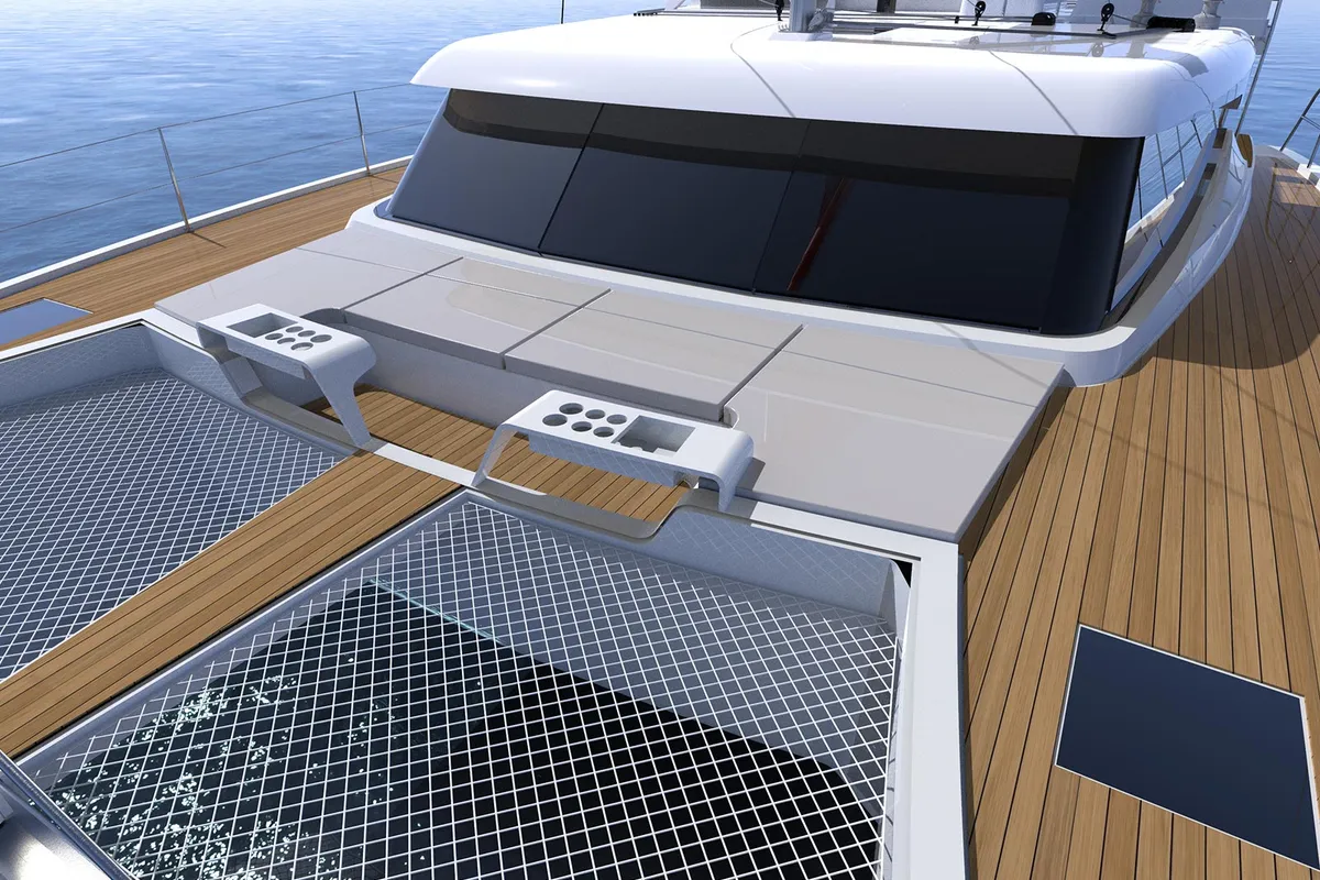 Deck of Le Villi, a Aventura 45 catamaran at Sant Antoni de Portmany, Spain