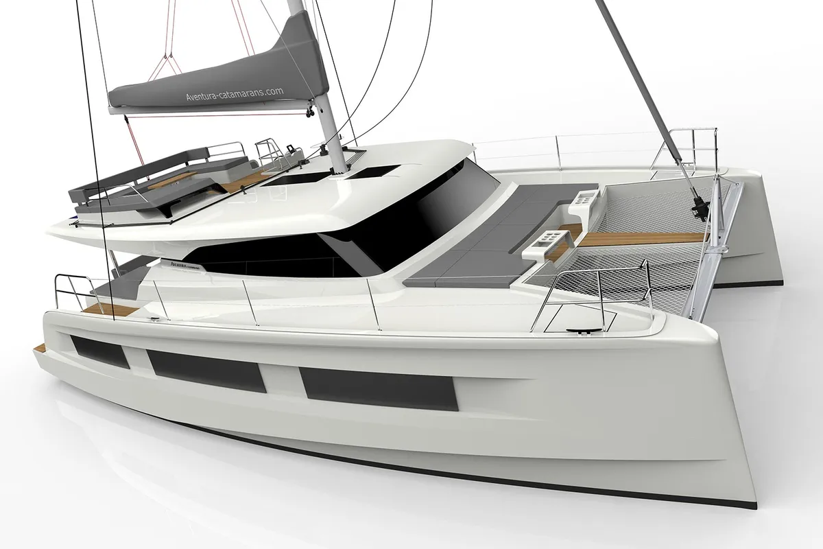 Exterior view of Le Villi, a Aventura 45 catamaran at Sant Antoni de Portmany, Spain