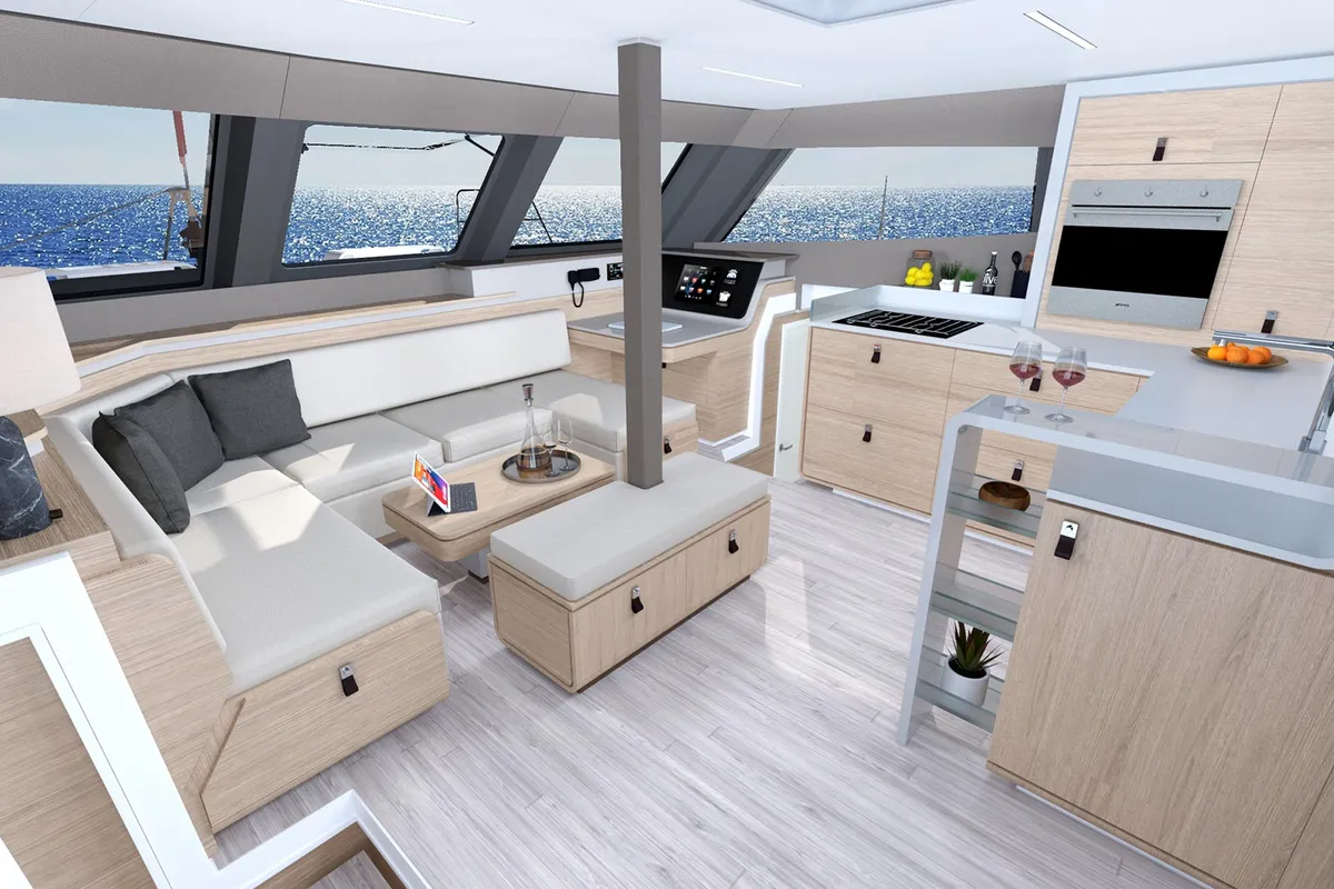 Salon of Le Villi, a Aventura 45 catamaran at Sant Antoni de Portmany, Spain