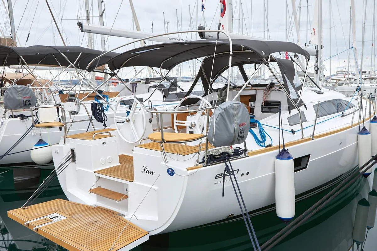 Exterior view of Lan, a Elan Impression 45.1 sailboat at Grad Kaštela, Croatia
