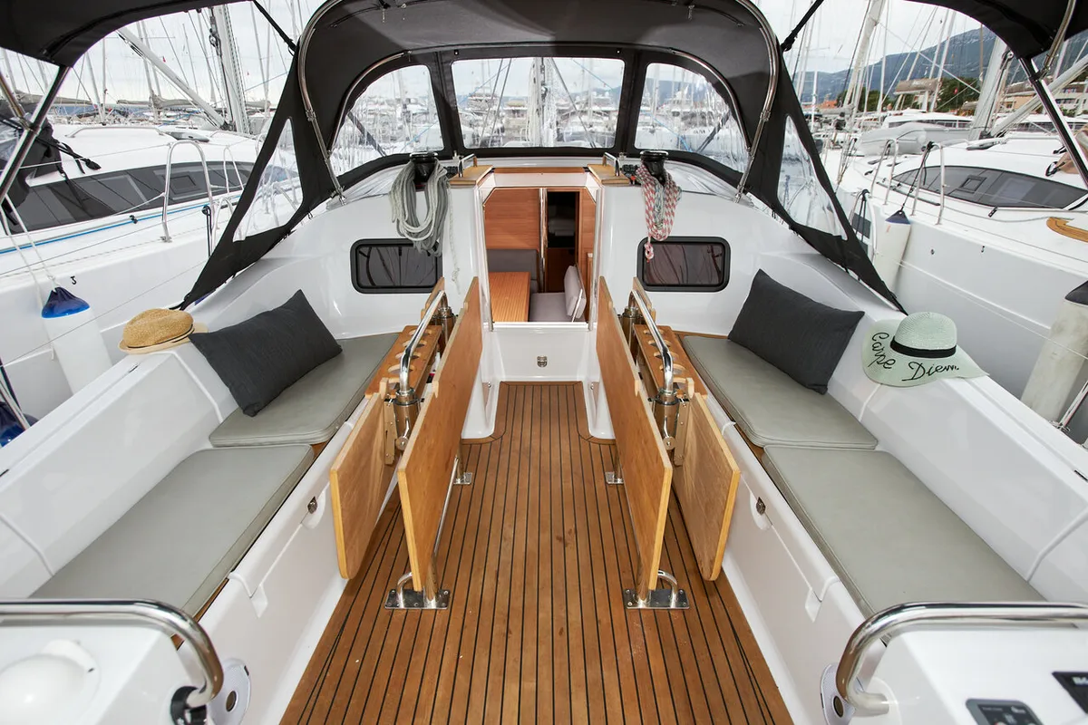 Deck of Lan, a Elan Impression 45.1 sailboat at Grad Kaštela, Croatia