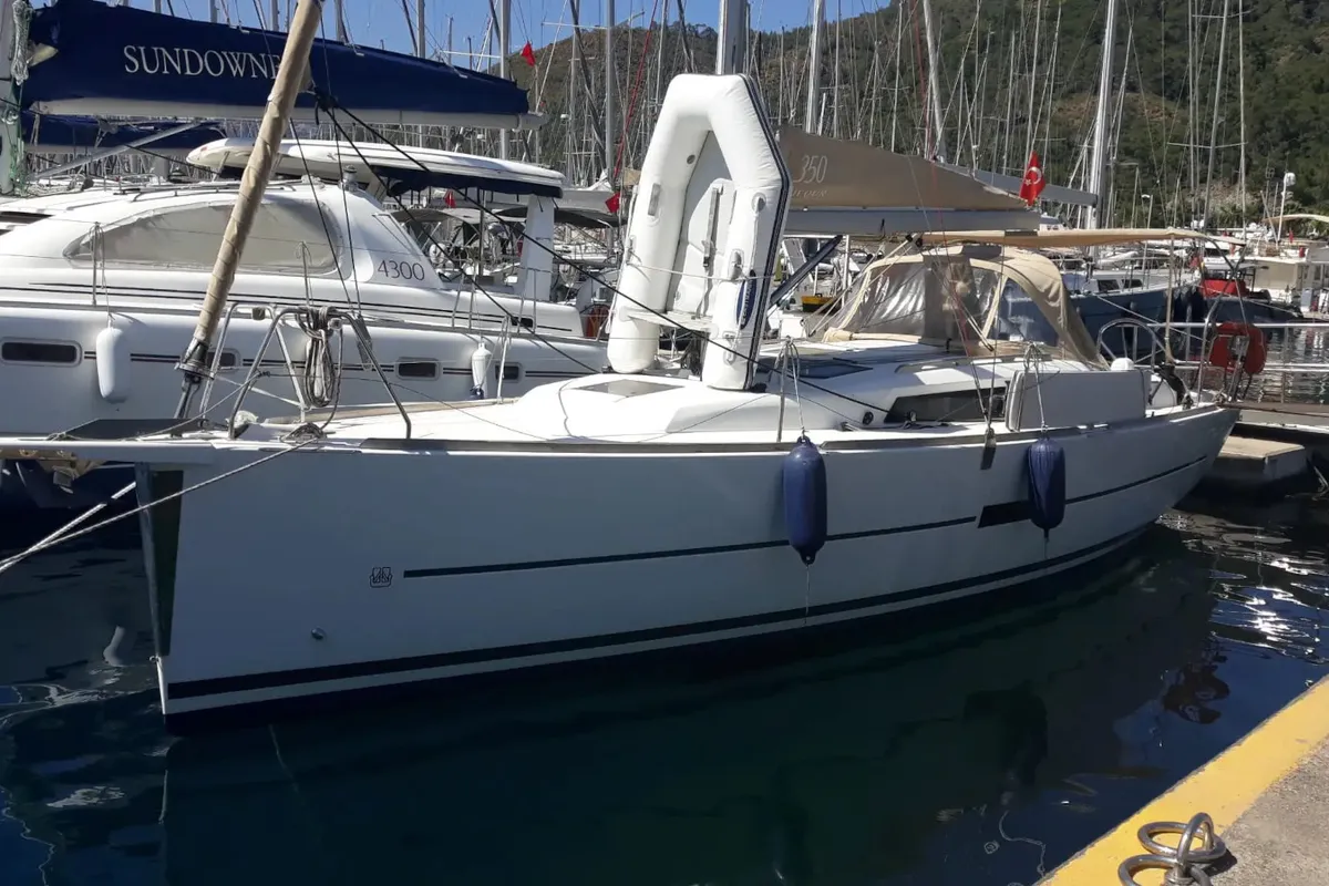 Exterior view of White Pearl, a Dufour 350 Grand Large sailboat at Marmaris, Turkey