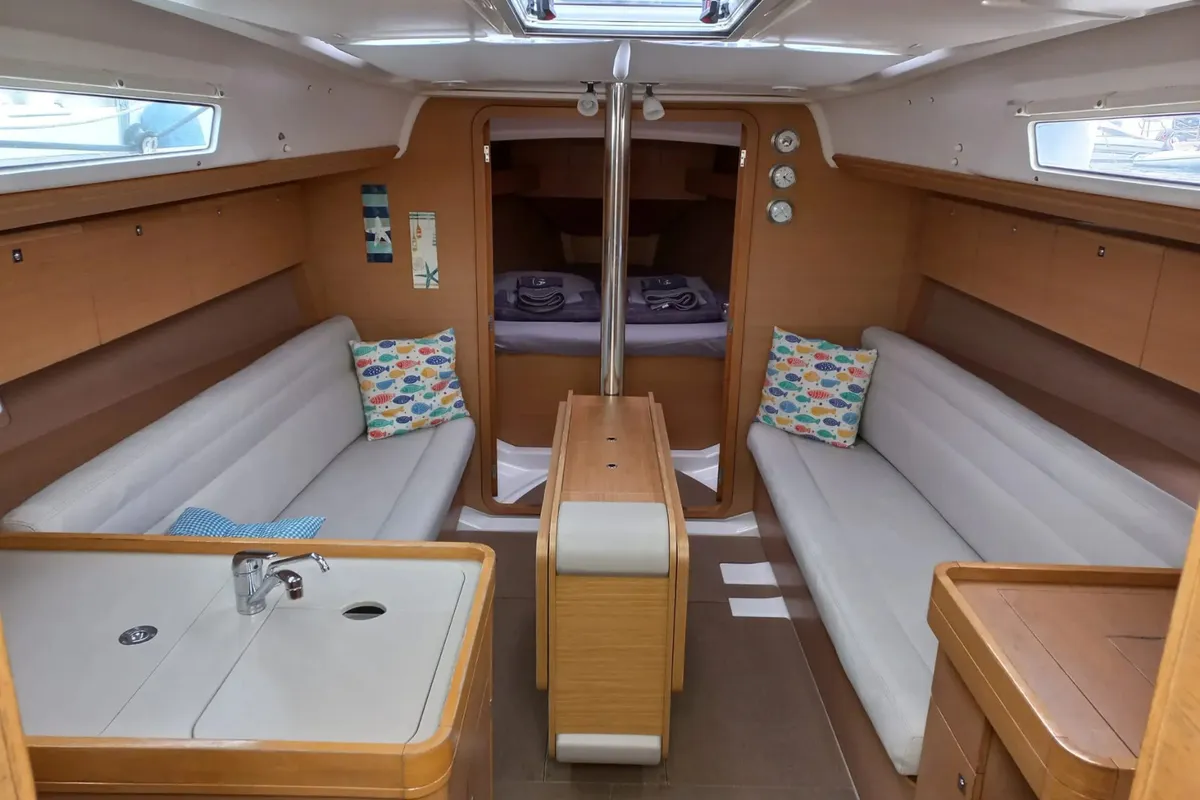 Salon of White Pearl, a Dufour 350 Grand Large sailboat at Marmaris, Turkey