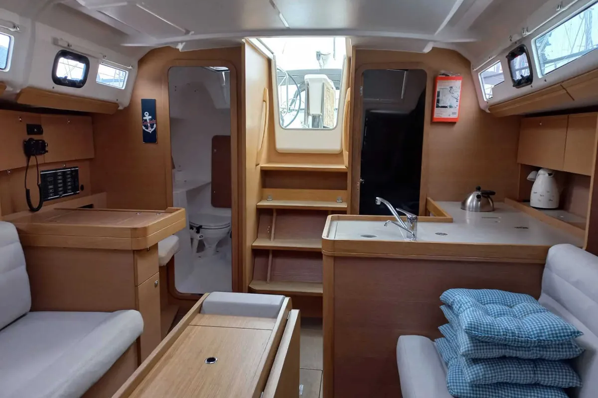 Salon of White Pearl, a Dufour 350 Grand Large sailboat at Marmaris, Turkey
