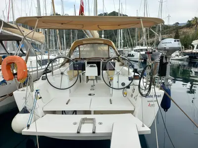 Cockpit of White Pearl, a Dufour 350 Grand Large sailboat at Marmaris, Turkey