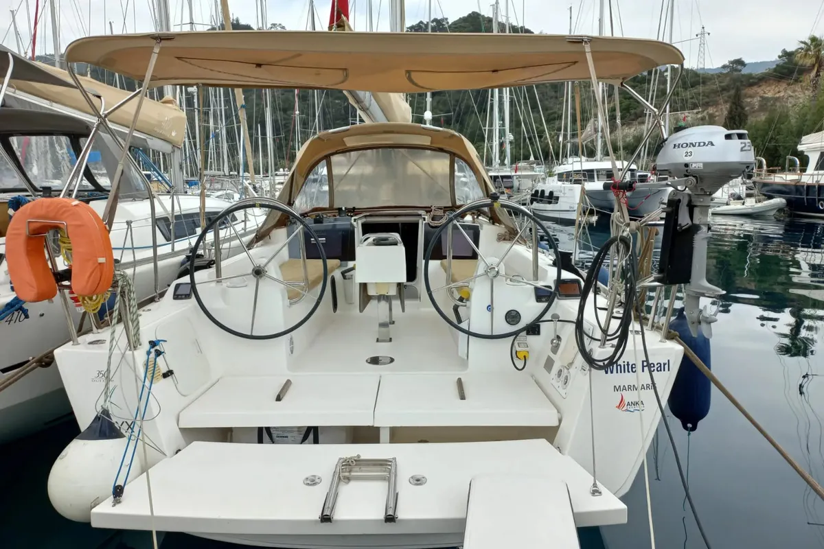 Cockpit of White Pearl, a Dufour 350 Grand Large sailboat at Marmaris, Turkey