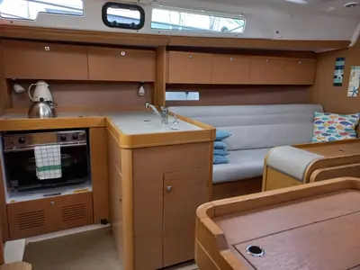 Galley of White Pearl, a Dufour 350 Grand Large sailboat at Marmaris, Turkey