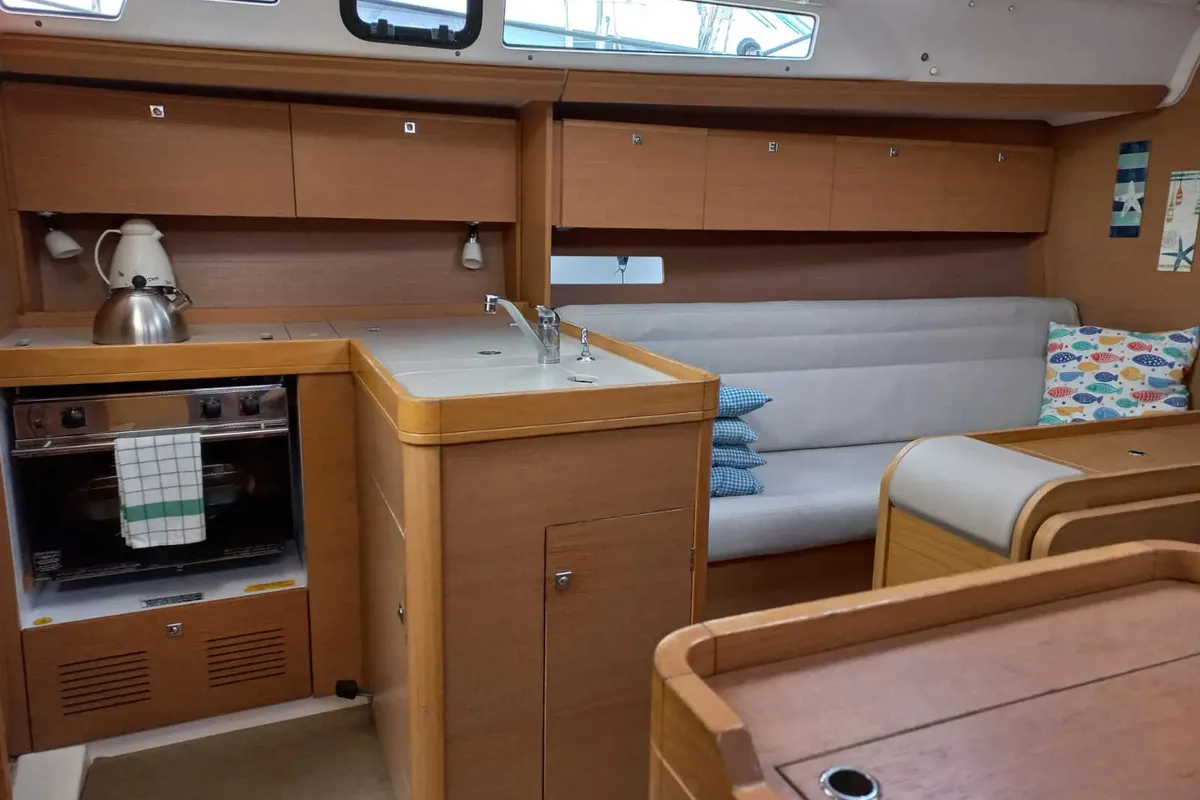 Galley of White Pearl, a Dufour 350 Grand Large sailboat at Marmaris, Turkey