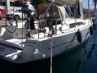 Deck of White Pearl, a Dufour 350 Grand Large sailboat at Marmaris, Turkey