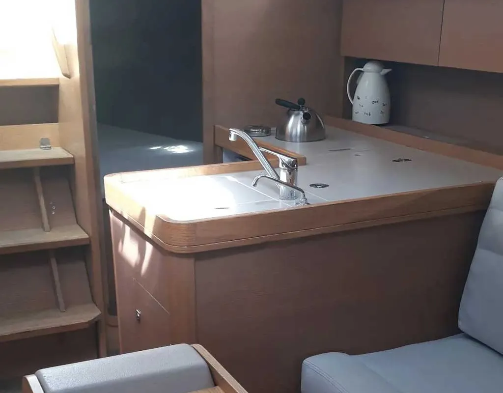 Galley of White Pearl, a Dufour 350 Grand Large sailboat at Marmaris, Turkey