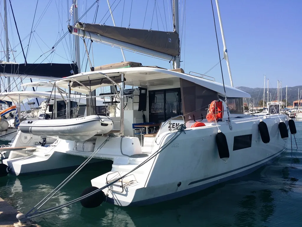 Exterior view of Zen, a Lagoon 42 catamaran at Municipal Unit of Nea Peramos, Greece