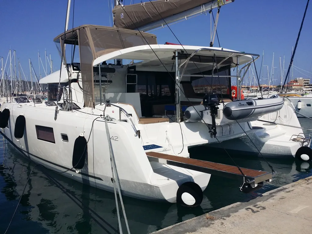 Exterior view of Zen, a Lagoon 42 catamaran at Municipal Unit of Nea Peramos, Greece