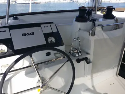 Cockpit of Zen, a Lagoon 42 catamaran at Municipal Unit of Nea Peramos, Greece