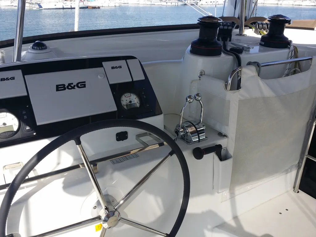 Cockpit of Zen, a Lagoon 42 catamaran at Municipal Unit of Nea Peramos, Greece