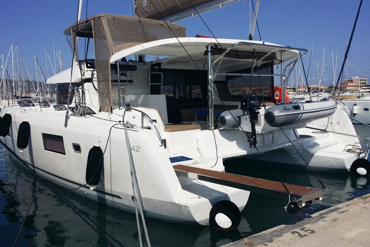 Exterior view of Zen, a Lagoon 42 catamaran at Municipal Unit of Nea Peramos, Greece