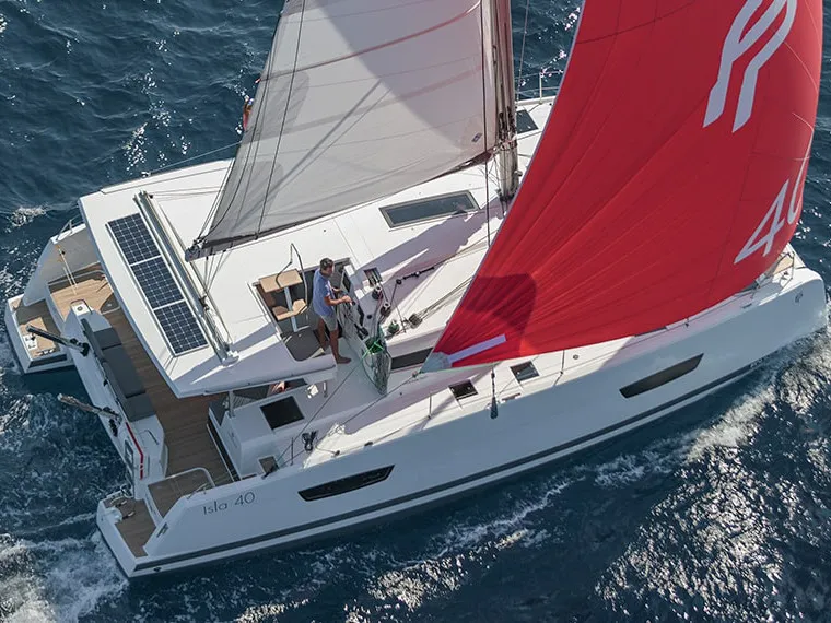 Exterior view of Blue Serenity, a Fountaine Pajot Isla 40 catamaran at Parikia, Greece