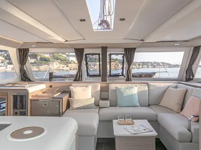 Salon of Blue Serenity, a Fountaine Pajot Isla 40 catamaran at Parikia, Greece
