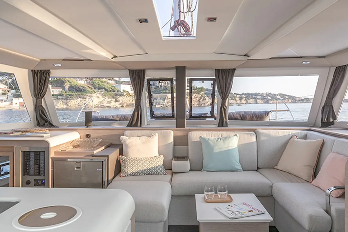 Salon of Blue Serenity, a Fountaine Pajot Isla 40 catamaran at Parikia, Greece