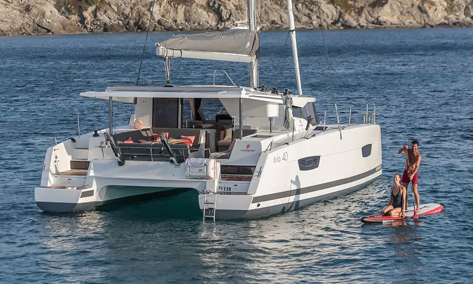 Exterior view of Blue Serenity, a Fountaine Pajot Isla 40 catamaran at Parikia, Greece