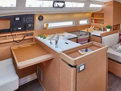 Galley of Sunsail 410 Classic, a Jeanneau Sun Odyssey 410 sailboat at Kontokali, Greece