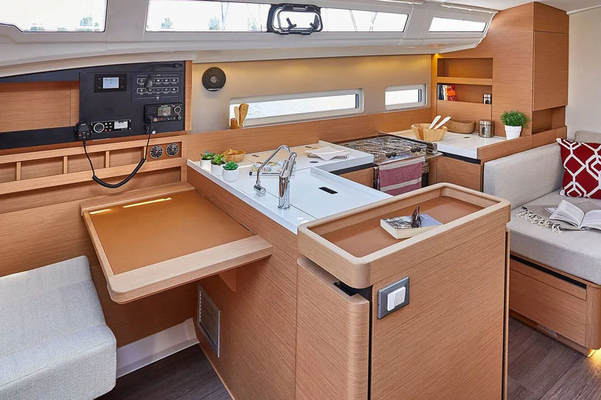 Galley of Sunsail 410 Classic, a Jeanneau Sun Odyssey 410 sailboat at Kontokali, Greece