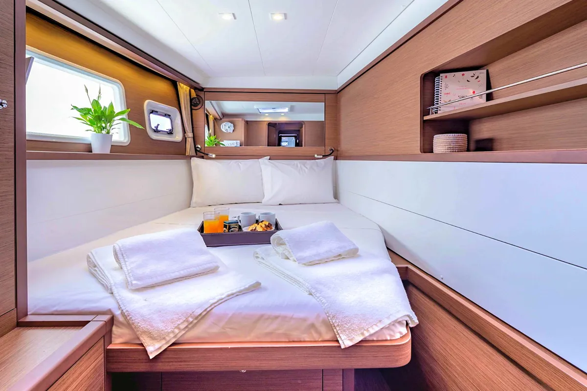 Cabin on Alegria, a Lagoon 450 F catamaran at Athens, Greece