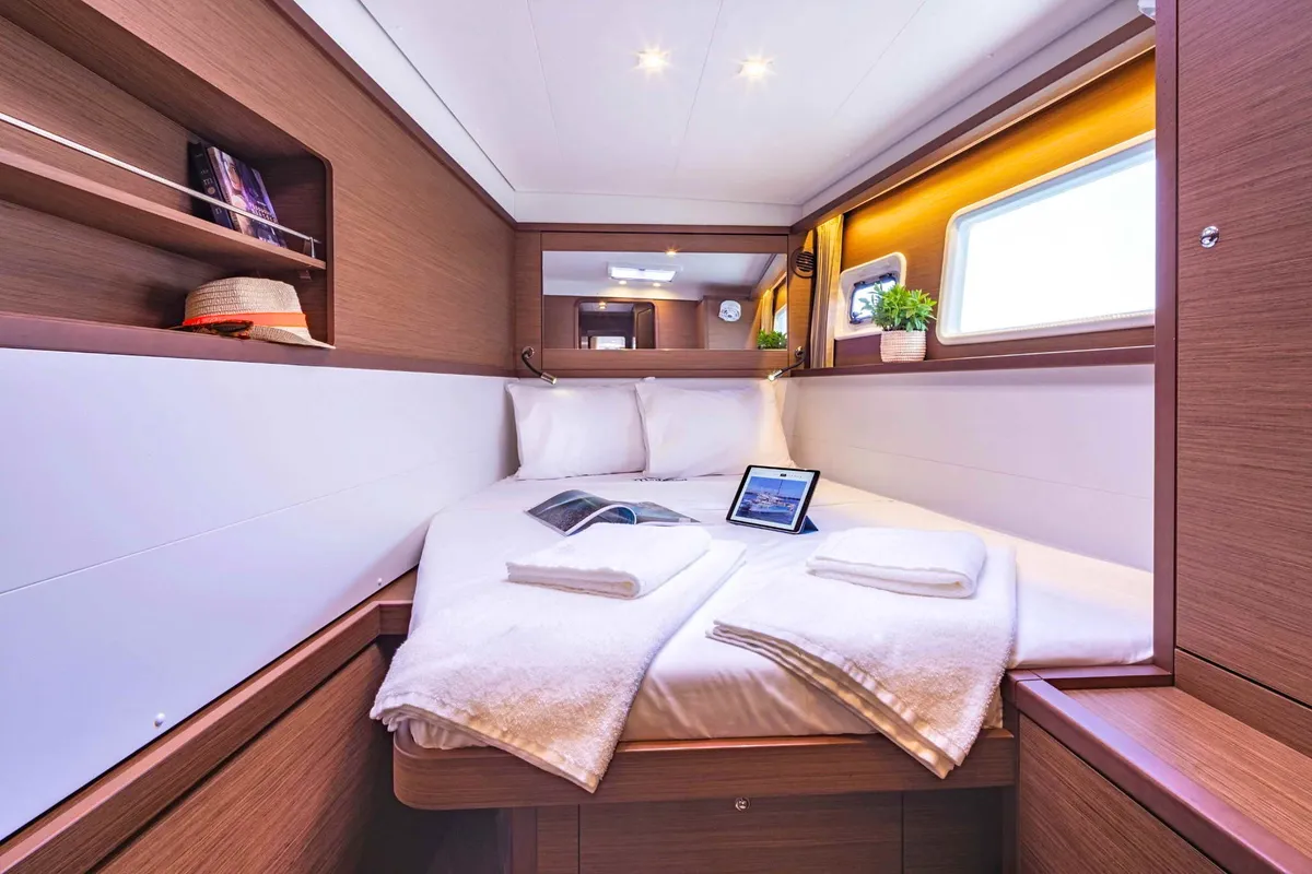 Cabin on Alegria, a Lagoon 450 F catamaran at Athens, Greece