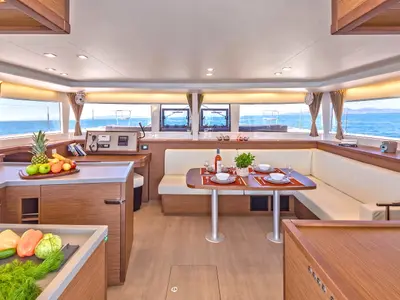 Salon of Alegria, a Lagoon 450 F catamaran at Athens, Greece
