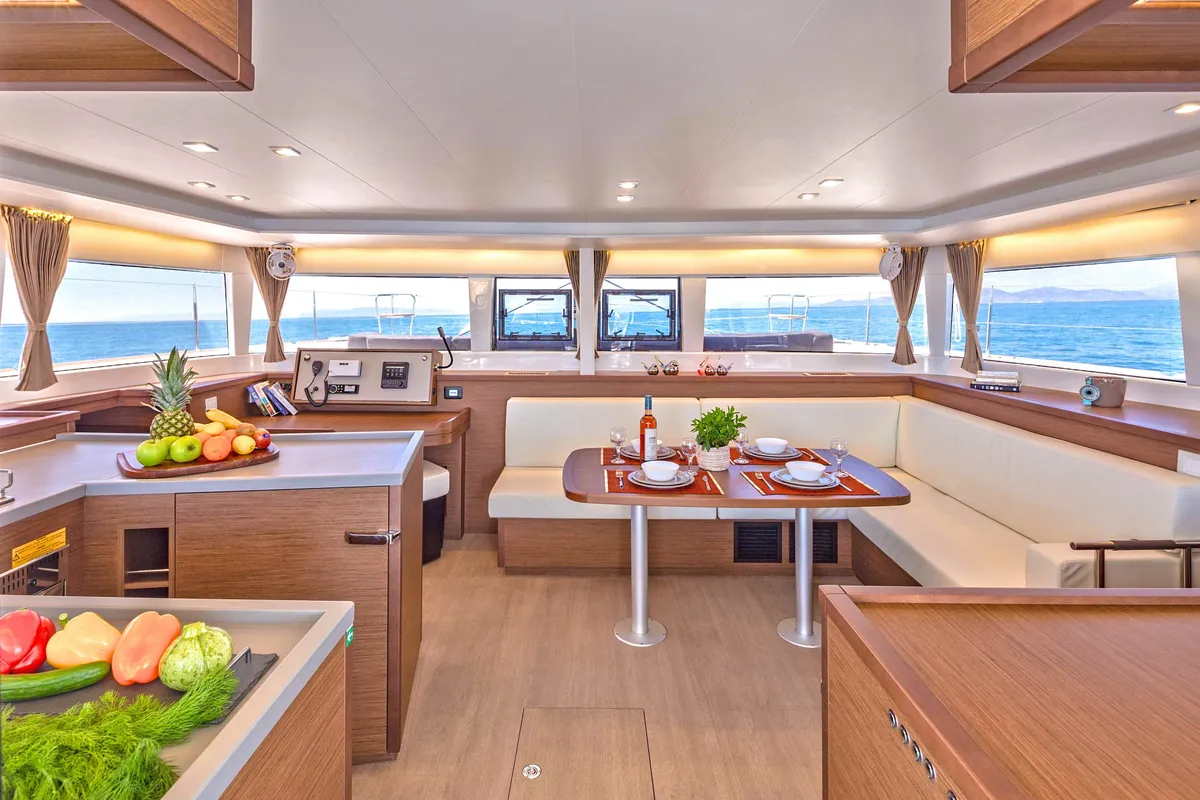 Salon of Alegria, a Lagoon 450 F catamaran at Athens, Greece