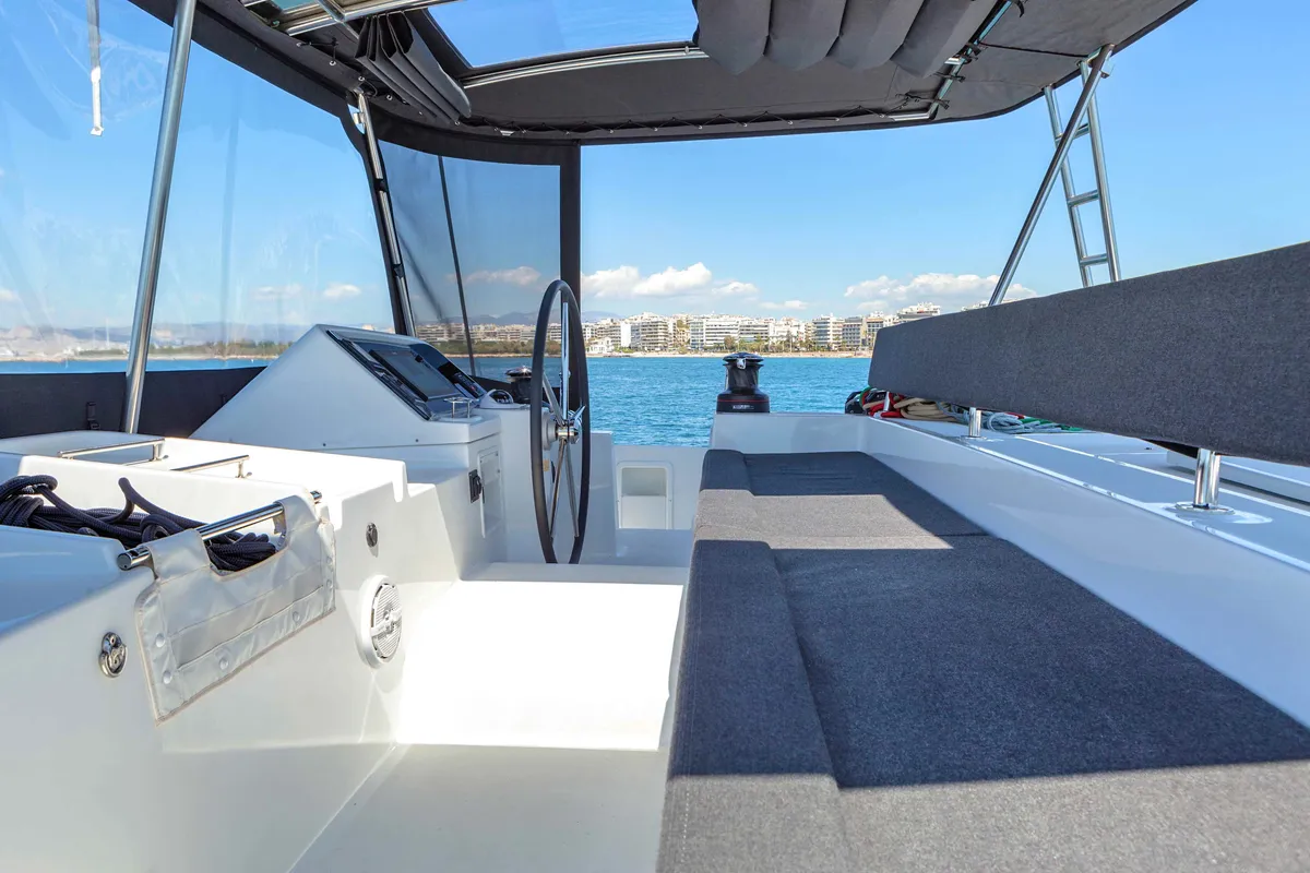 Cockpit of Alegria, a Lagoon 450 F catamaran at Athens, Greece