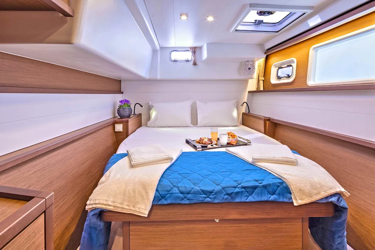 Cabin on Alegria, a Lagoon 450 F catamaran at Athens, Greece