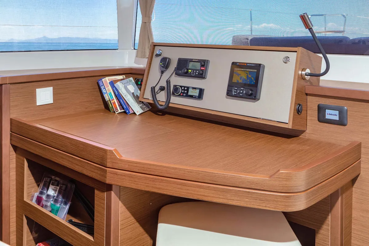 Cockpit of Alegria, a Lagoon 450 F catamaran at Athens, Greece