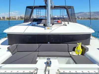 Deck of Alegria, a Lagoon 450 F catamaran at Athens, Greece