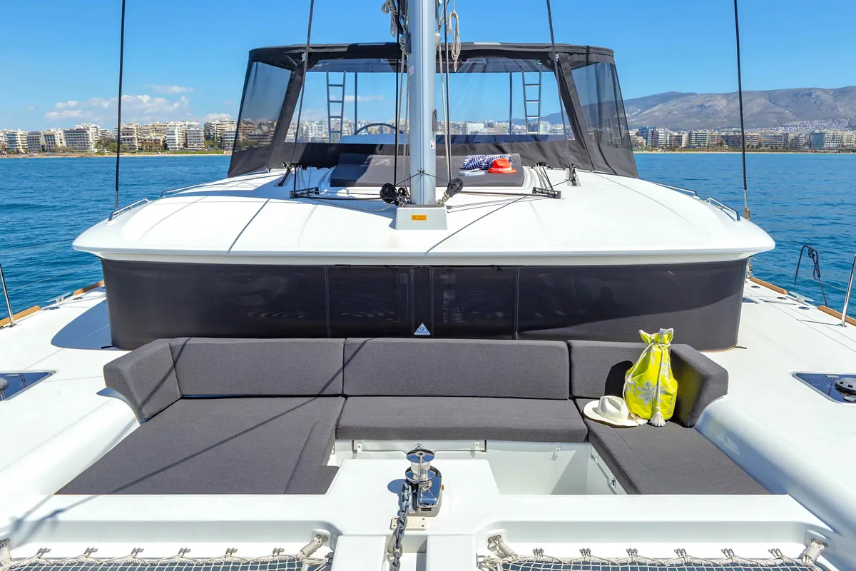 Deck of Alegria, a Lagoon 450 F catamaran at Athens, Greece