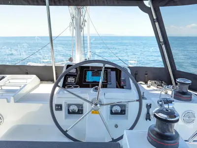 Cockpit of Alegria, a Lagoon 450 F catamaran at Athens, Greece