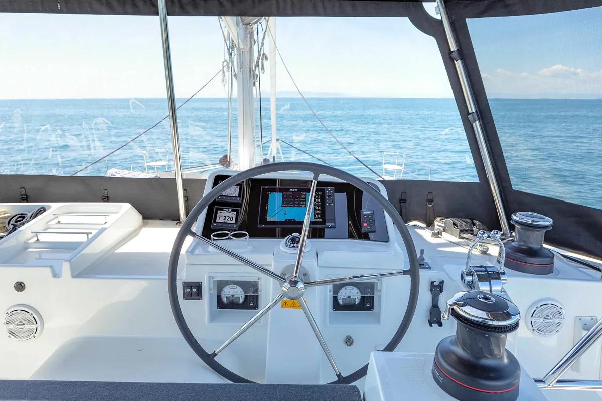 Cockpit of Alegria, a Lagoon 450 F catamaran at Athens, Greece