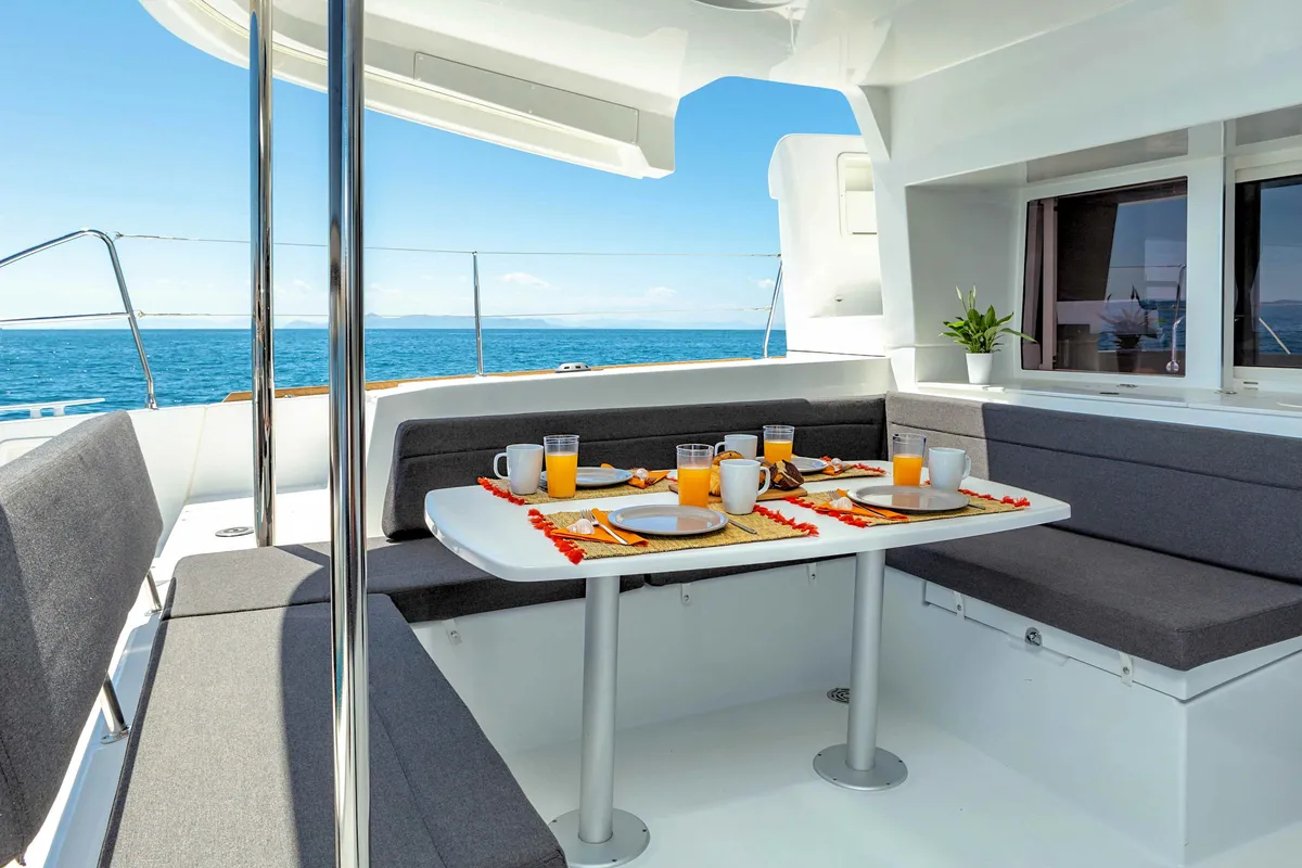 Deck of Alegria, a Lagoon 450 F catamaran at Athens, Greece