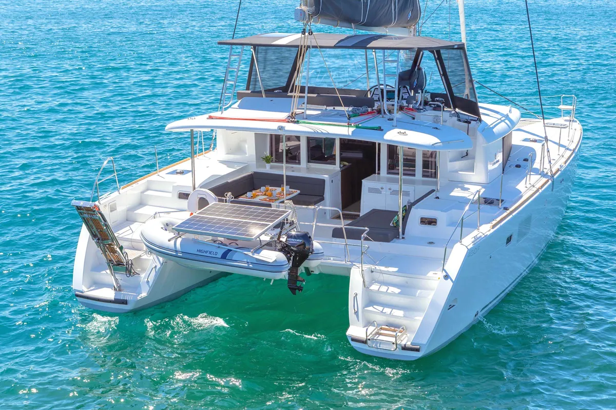 Exterior view of Alegria, a Lagoon 450 F catamaran at Athens, Greece