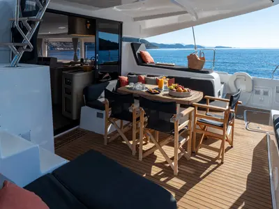 Deck of INCA, a Lagoon 42 catamaran at Municipal Unit of Lefkada, Greece