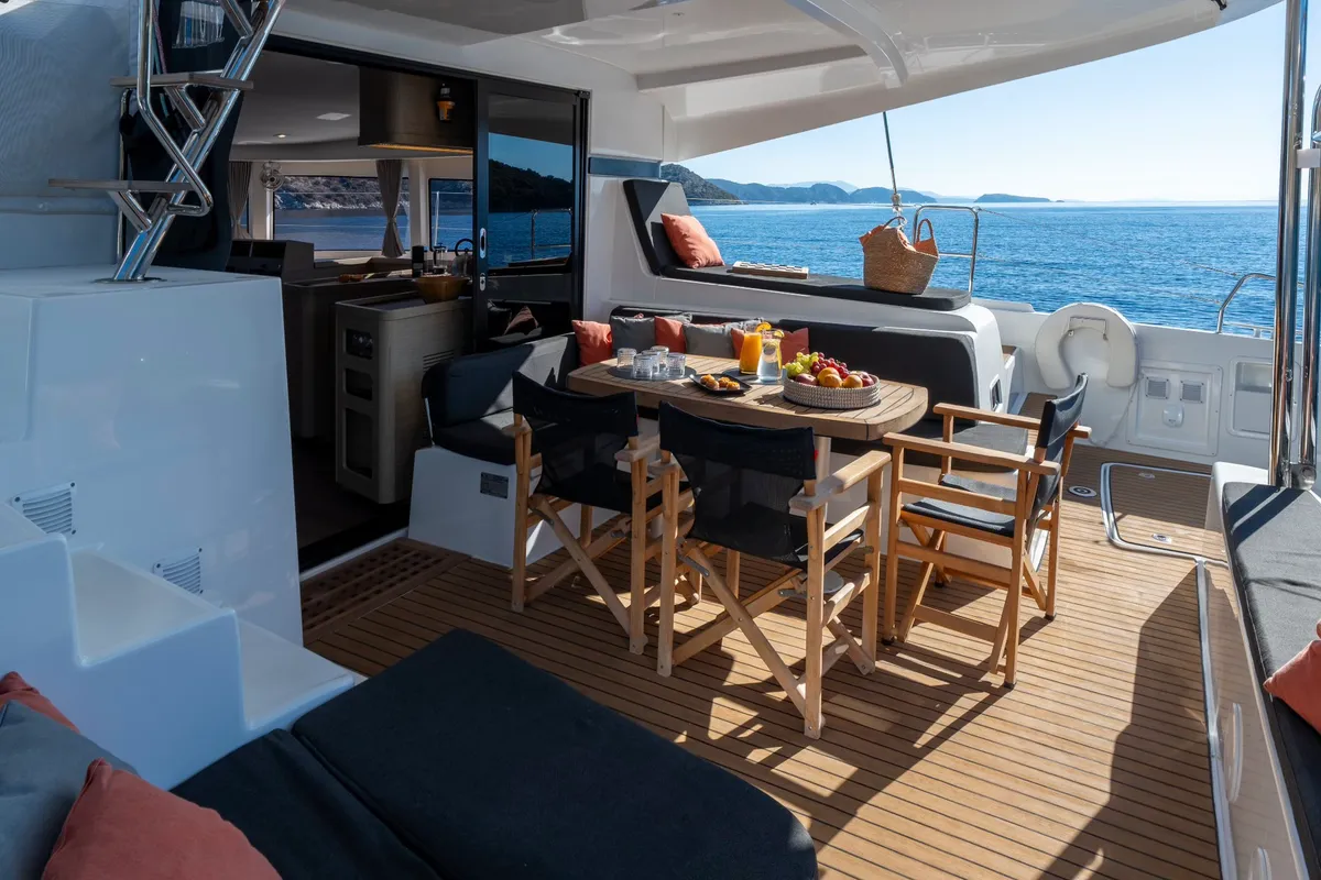 Deck of INCA, a Lagoon 42 catamaran at Municipal Unit of Lefkada, Greece